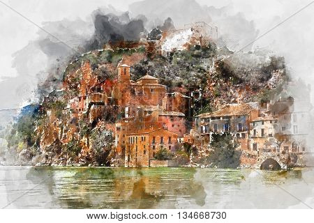Digital watercolor painting of Miravet village. Province of Tarragona. Spain. Miravet is one of the most charming village in Catalonia
