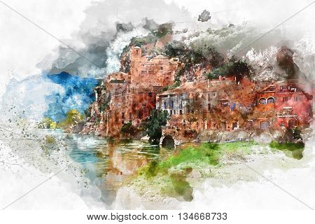 Digital watercolor painting of Miravet village. Province of Tarragona. Spain. Miravet is one of the most charming village in Catalonia