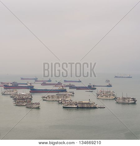 Huge cargo ships waiting to dock in Vietnam