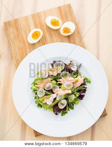 Salmon salad with asparagus radish and much more.