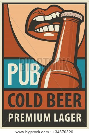 bunner for pub with mouth opens a beer bottle with his teeth in retro style