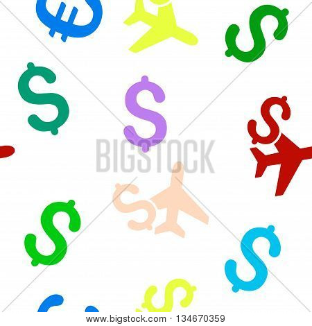 Aviation Business vector seamless repeatable pattern. Style is flat aviation business and dollar symbols on a white background.