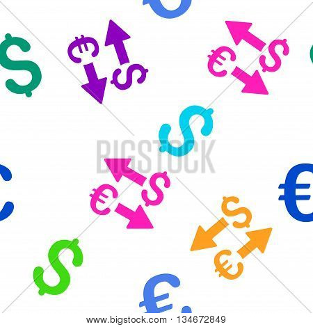 Euro Dollar Transactions vector seamless repeatable pattern. Style is flat euro dollar transactions and dollar symbols on a white background.