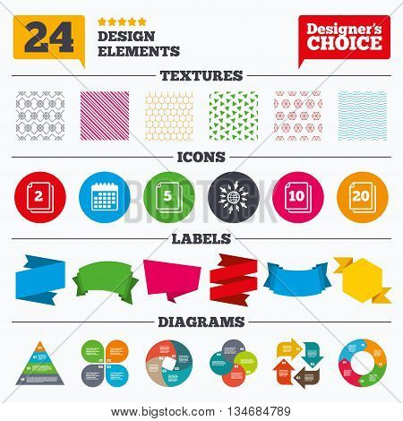 Banner tags, stickers and chart graph. In pack sheets icons. Quantity per package symbols. 2, 5, 10 and 20 paper units in the pack signs. Linear patterns and textures.