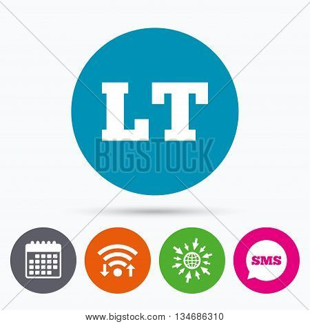 Wifi, Sms and calendar icons. Lithuanian language sign icon. LT translation symbol. Go to web globe.