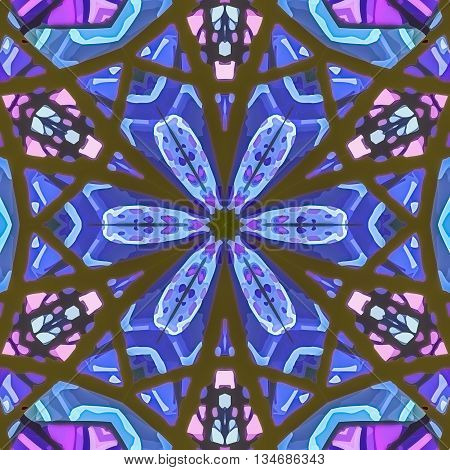 Stained glass pattern. Seamless symmetrical background template.  Multicolored vivid design element. Bright and beautiful kaleidoscopic texture for design uses