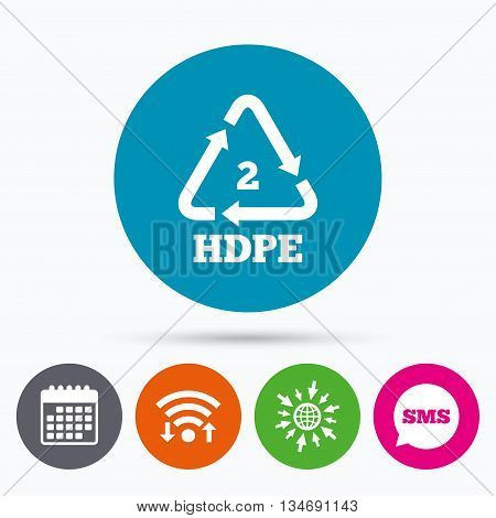 Wifi, Sms and calendar icons. Pe-hd 2 icon. Polyethylene high-density sign. Recycling symbol. Go to web globe.