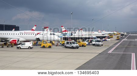 Vienna Austria- May 11 2016 Austrian Airlines preparing for take-off in Vienna airport. Vienna airport is home for Austrian Airlines and one of biggest european hubs.