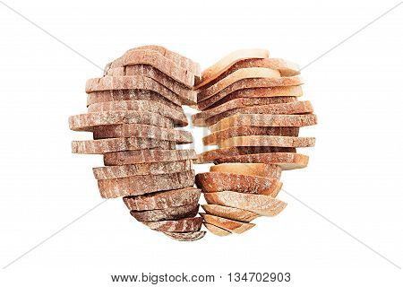 Two stacks of sliced bread in a heart shape on white background. Isolated. Concept art. Food background. Black rye bread and white bread.