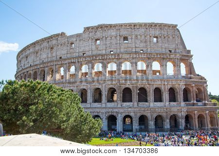 ROME, ITALY - APRIL 8, 2016: Ruins of Coliseum, panoramic view