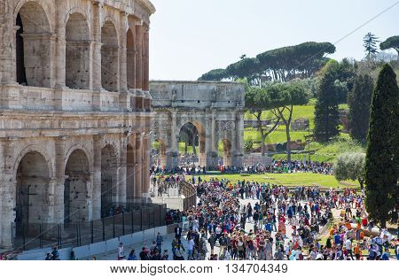 ROME, ITALY - APRIL 8, 2016: Ruins of Coliseum, panoramic view