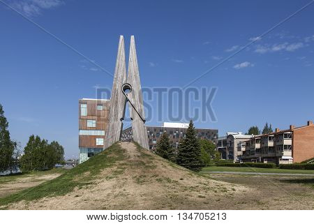 UMEA, SWEDEN ON JUNE 02. Artwork by Megmet Ali Uysal, Skin 4 on June 02, 2016 in Umea, Sweden. The Clothespin stands this side Umea Academy of Fine arts. Editorial use.