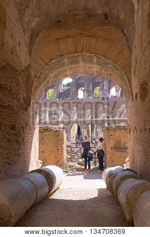 ROME, ITALY - APRIL 8, 2016: Inside view of Coliseum, galleries