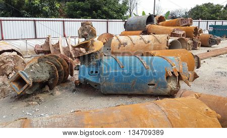 JOHOR, MALAYSIA -APRIL 02, 2015: Bore pile rig auger at the construction site in Johor, Malaysia. The bore pile rig machine used this auger during drilling soil for the foundation work.