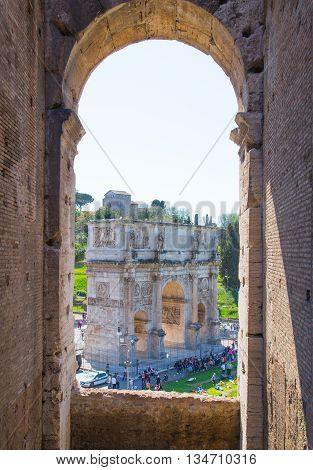 ROME, ITALY - APRIL 8, 2016: Arch of Constantine, ancient construction of emperor victory over Maxentius in 312AD, Locates next to Coliseum