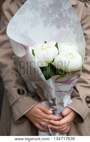 Close Up Of Beautiful White Peonies In A Bouquet