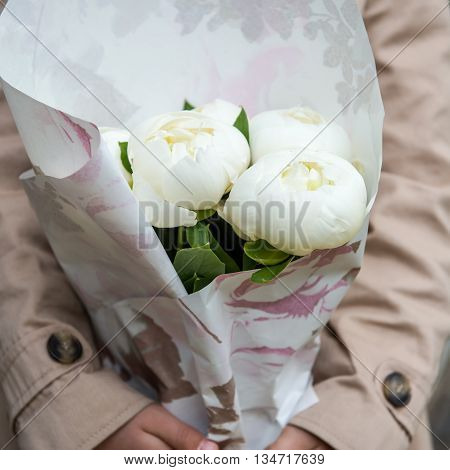 Close Up Of Beautiful White Peonies In A Bouquet