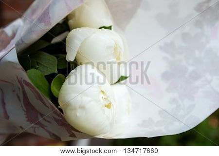 Close Up Of Beautiful White Peonies In A Bouquet