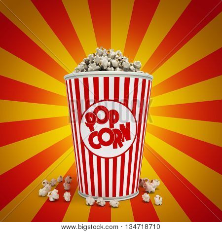 Popcorn in striped bucket 3d render backgrownd