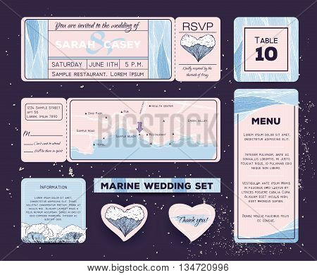 Marine wedding invitation set with rsvp table and menu cards. Ticket to a sea party with road map