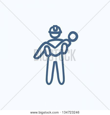 Fireman holding person on hands vector sketch icon isolated on background. Hand drawn Fireman holding person on hands icon. Fireman holding person on hands sketch icon for infographic, website or app.