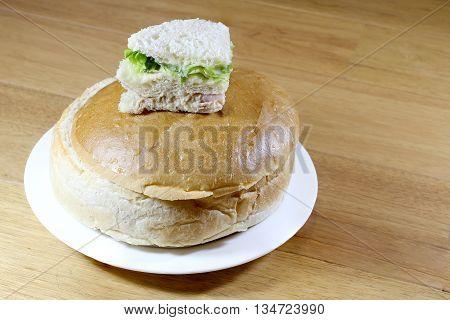 Sandwich Box With Chicken Burger, Tomatoes, Ham, Tuna, Cheese On Wood Table.