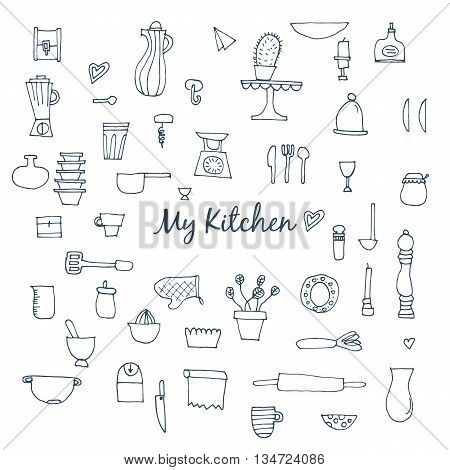 Set of hand drawn kitchen items for baking. Vector illustration.