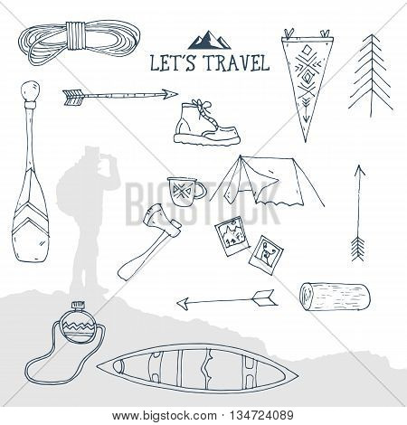 Hand drawn sketch camping icons set. Vector illustration.