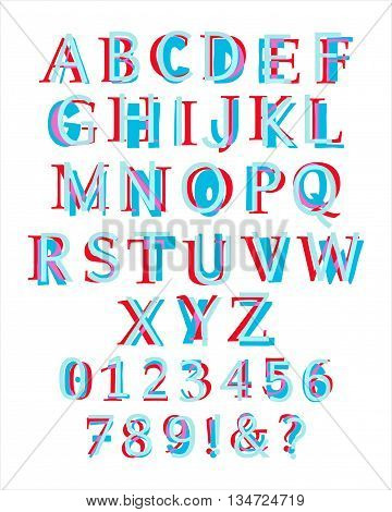 Kid's style colorful latin alphabet layered with different appearance. Illustration of capital letters and numbers. Eps 10 Vector