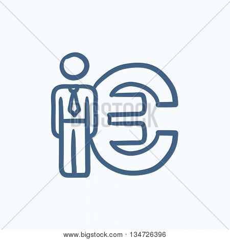 Businessman standing near Euro symbol vector sketch icon isolated on background. Hand drawn Businessman near Euro symbol icon. Businessman near Euro symbol sketch icon for infographic, website or app.