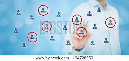 Marketing segmentation target audience customer care customer relationship management (CRM) human resources customer analysis and focus group concepts. Wide banner composition bokeh in background.