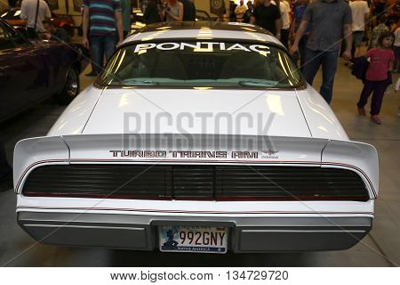 CRACOW POLAND - MAY 21 2016: Pontiac Trans Am displayed at 3rd edition of MOTO SHOW in Krakow. Poland. Exhibitors present most interesting aspects of the automotive industry