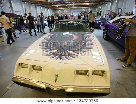 CRACOW POLAND - MAY 21 2016: Pontiac Trans Am displayed at 3rd edition of MOTO SHOW in Krakow. Poland. Exhibitors present most interesting aspects of the automotive industry