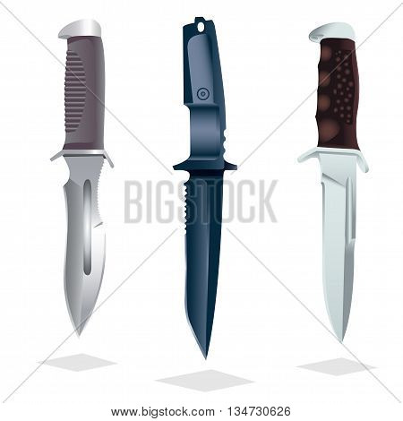 Three hunting knife on a dark background. Colored vector illustration.