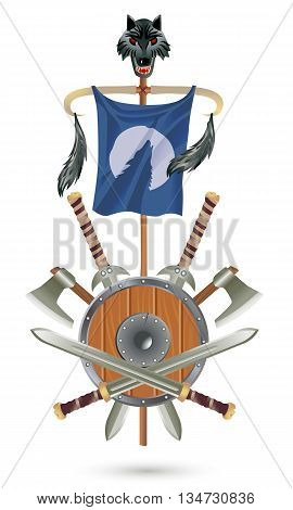 Coat of Arms to fantasy style on a white background. Shield ax sword flag with wolf head.