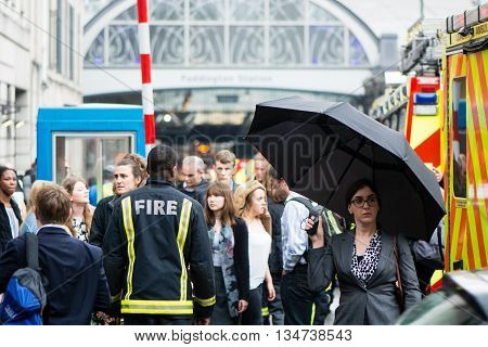 LONDON, UK - JUNE 16 2016 
Fire services attend incident outside Paddington Station. Emergency services respond to derailed train at peak commuter time at one of London's busiest railway stations