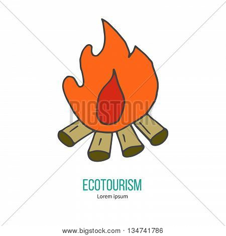 Bonfire. Ecotourism colorful flat design element isolated on a white background. Emblem, design concept, logo, logotype template. Hand drawn doodle vector illustration.