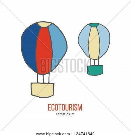 Air balloons. Ecotourism colorful flat design element isolated on a white background. Emblem, design concept, logo, logotype template. Hand drawn doodle vector illustration.