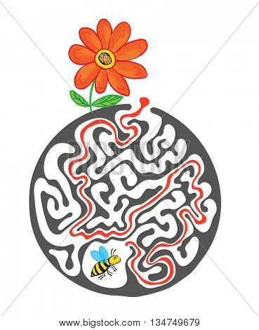 Maze puzzle for kids with bee and flower. Labyrinth illustration, solution included.