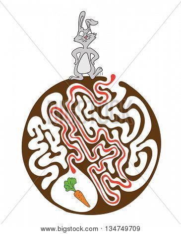 Maze puzzle for kids with rabbit and carrot. Labyrinth illustration, solution included.