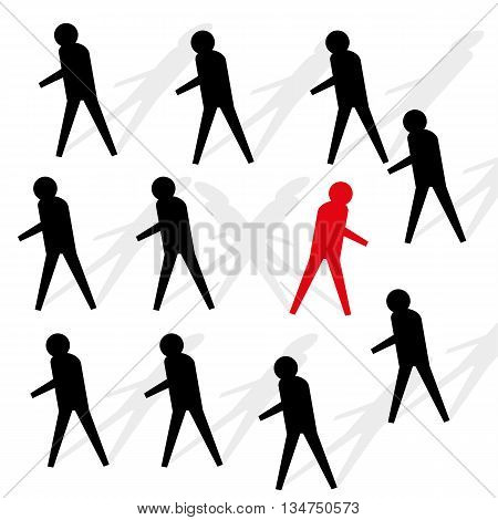 Black stick figures with shadows marching in the same direction with one red figure or person who is off in the opposite direction