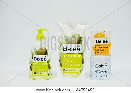 Berezovitsa, Ukraine - Circa June, 2016: Set Of Hypoallergenic Liquid Soap Balea Creme Seife Sensiti