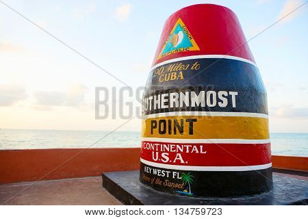 Southernmost point in continental USA on sunrise in Key West, Florida. Famous point for tourists