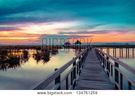 Wooden bridge in Khao Sam Roi Yod National Park Prachupkhirikhan Province Thailand. Selective focus. Vintage tone