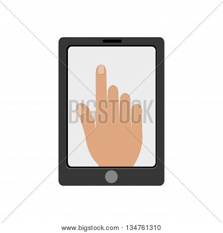 black electronic device with human hand on the screen over isolated background, vector illustration