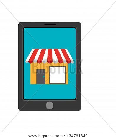 black electronic device with blue screen and yellow store on the screen over isolated background, vector illustration
