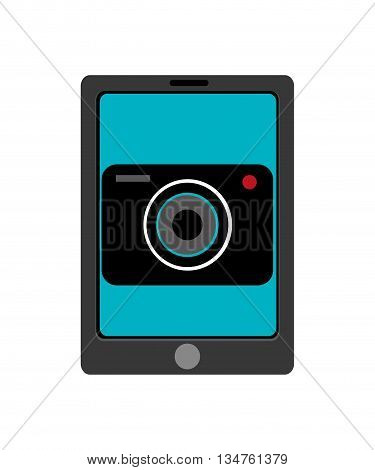 black electronic device with blue screen and black camera on the screen over isolated background, vector illustration