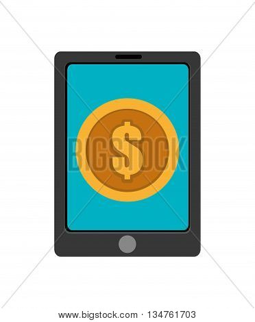 black electronic device with blue screen and gold coin icon over isolated background, vector illustration