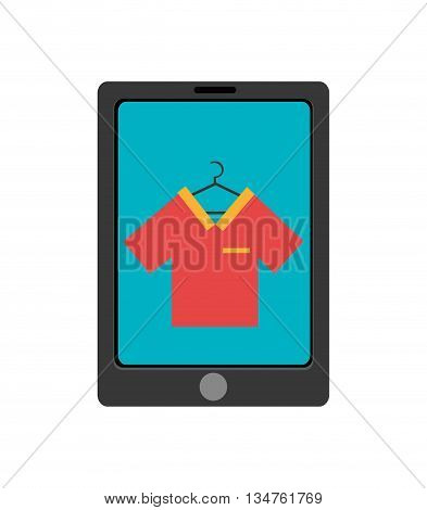 black electronic device with blue screen and red shirt over isolated background, vector illustration