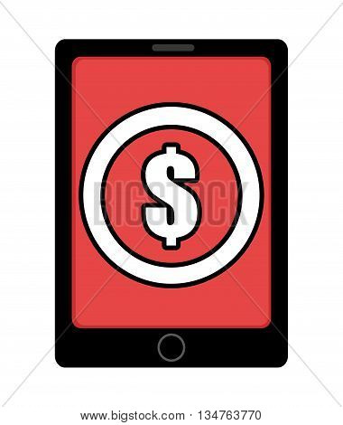 black electronic device with red screen and white coin money icon over isolated background, vector illustration